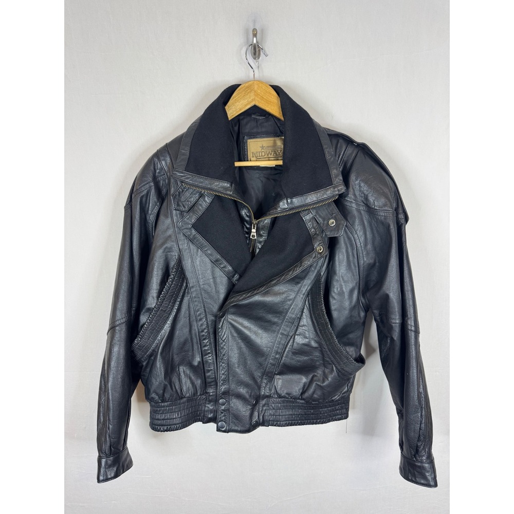 Midway Vintage 80s Mens M Black Leather Bomber Jacket Double Collar‎ Epaulets